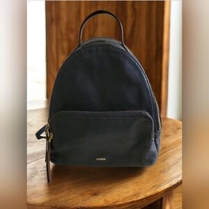 Fossil Black & Tan Leather Backpack with Handle Carry Strap